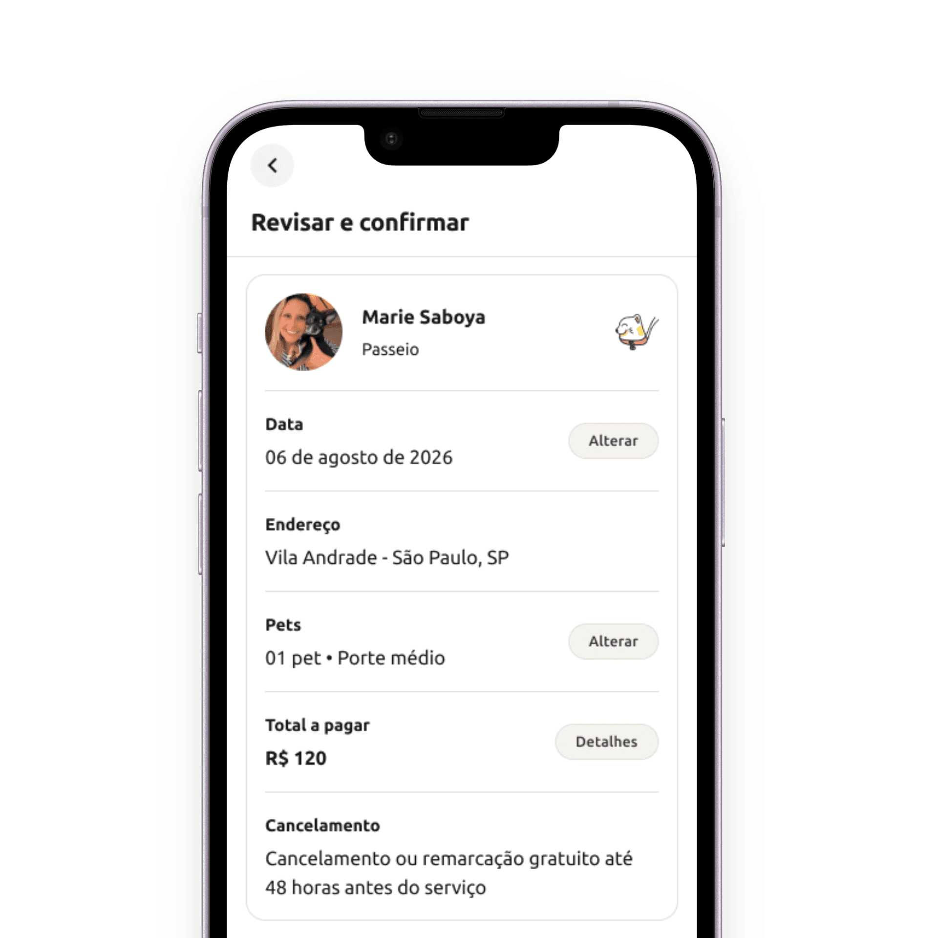 Tela do app AuGo para revisar e confirmar uma reserva com um profissional.