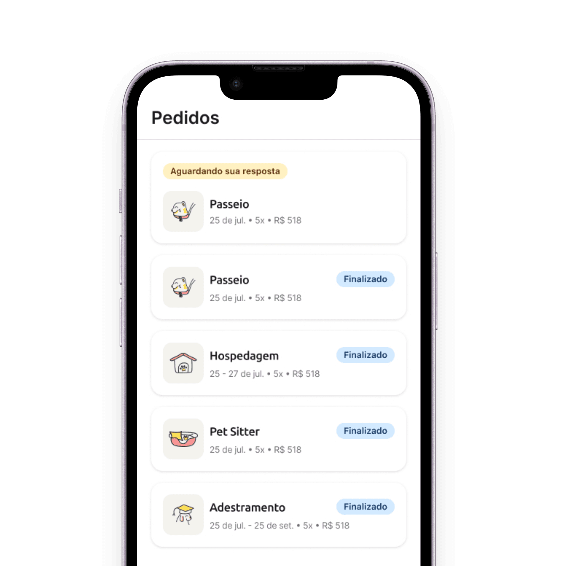 Tela de pedidos do app AuGo, com serviços e seus respectivos status.